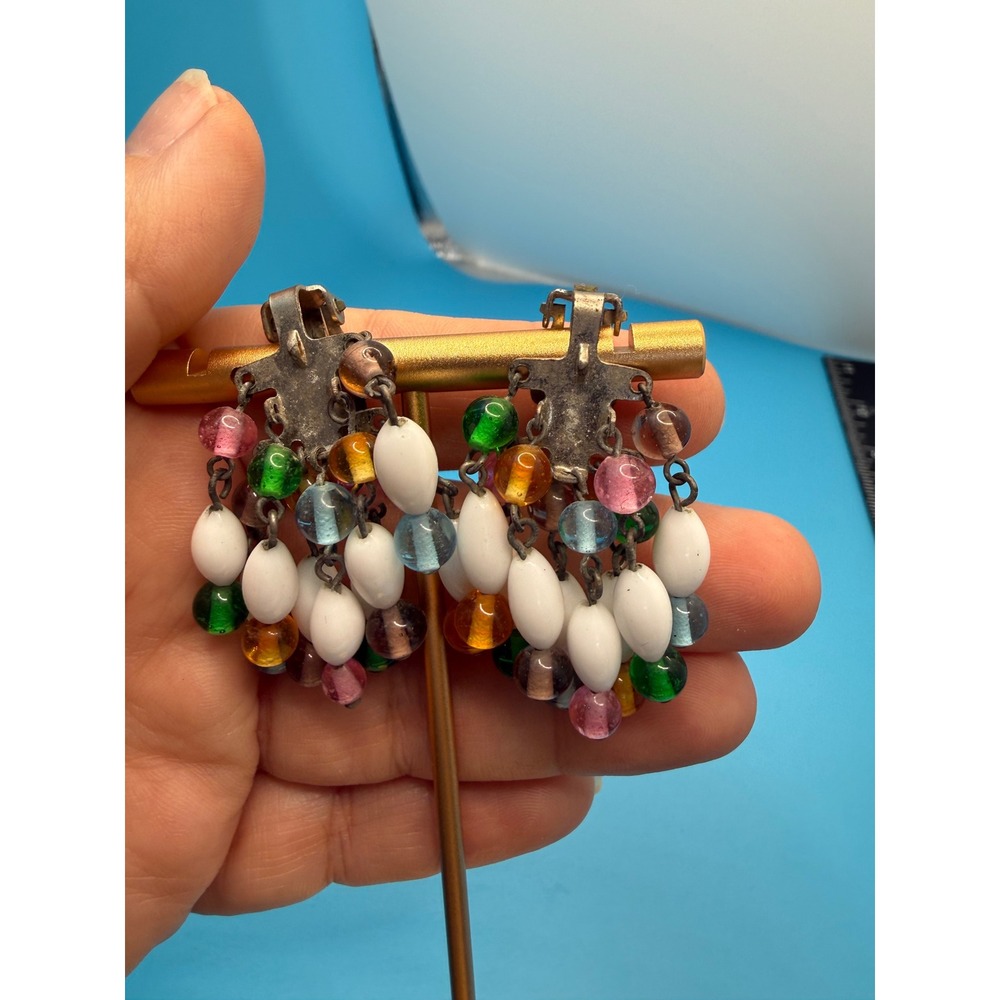 Vintage Japan Multi Color Glass Bead Cluster Clip On Earrings Milk Glass Dangle